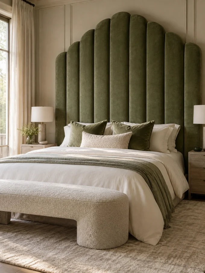 A large green velvet headboard behind a bed with white bedding and green accent pillows