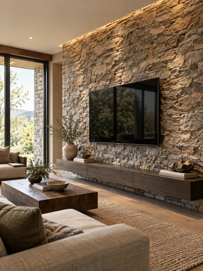 A large TV mounted on a stone-textured wall with a wooden console table below it, with a couch and coffee table in the foreground.