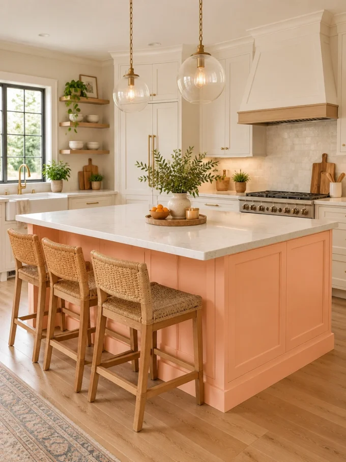 A peach-painted kitchen island with a white marble countertop, three woven stools, and a tray with a plant, oranges, and a candle.