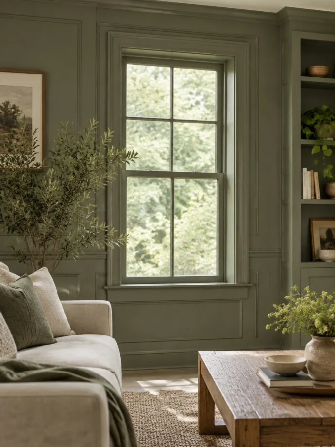 Accent wall with window with tone-on-tone accent wall with matching window trim.