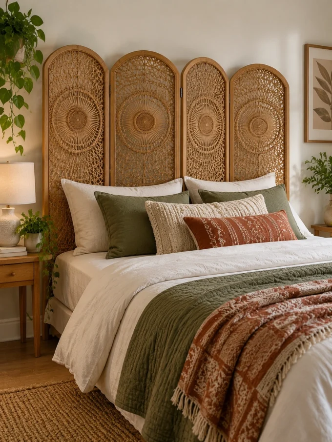 Rattan screen headboard behind bed with green and orange pillows