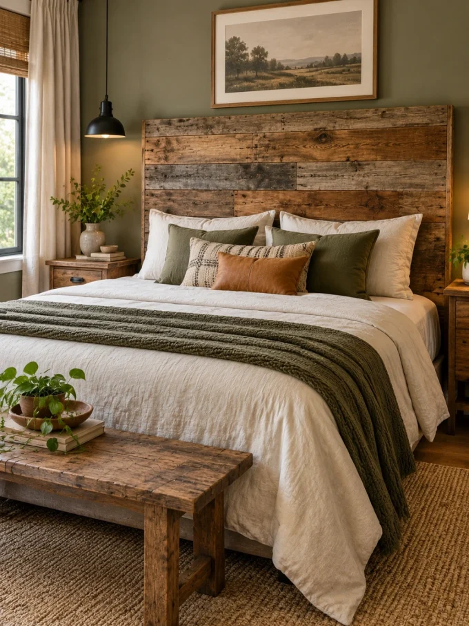 A rustic wooden headboard made of reclaimed boards with a mix of tones and grains, behind a bed with white and green pillows and a green throw blanket.