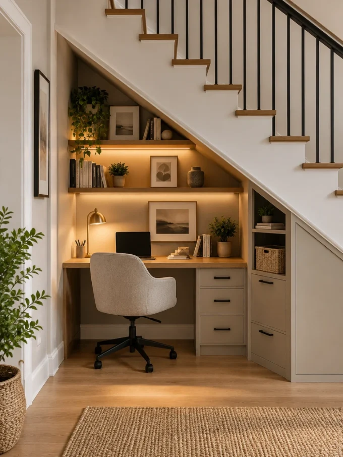 A small home office under a staircase with a desk, chair, and shelves.