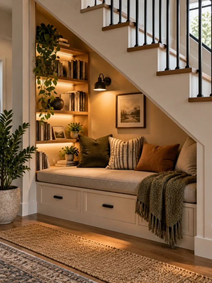 Cozy reading nook under staircase with built-in bench, pillows, and shelves