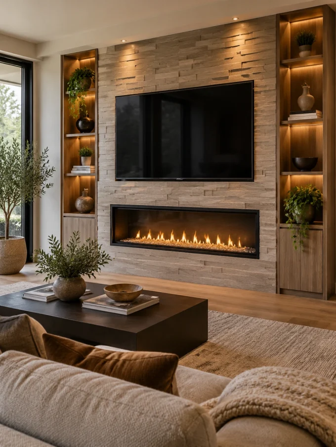 A modern living room with a large TV mounted above a fireplace, surrounded by wooden shelving units with plants and decorative items.