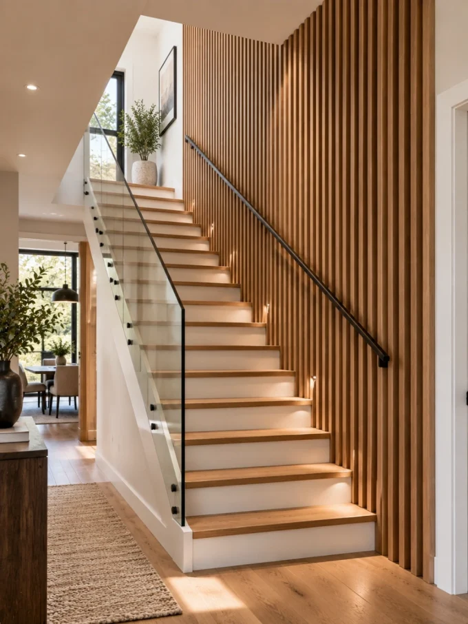 A staircase with wooden steps and glass railing beside a wall of vertical wood slats