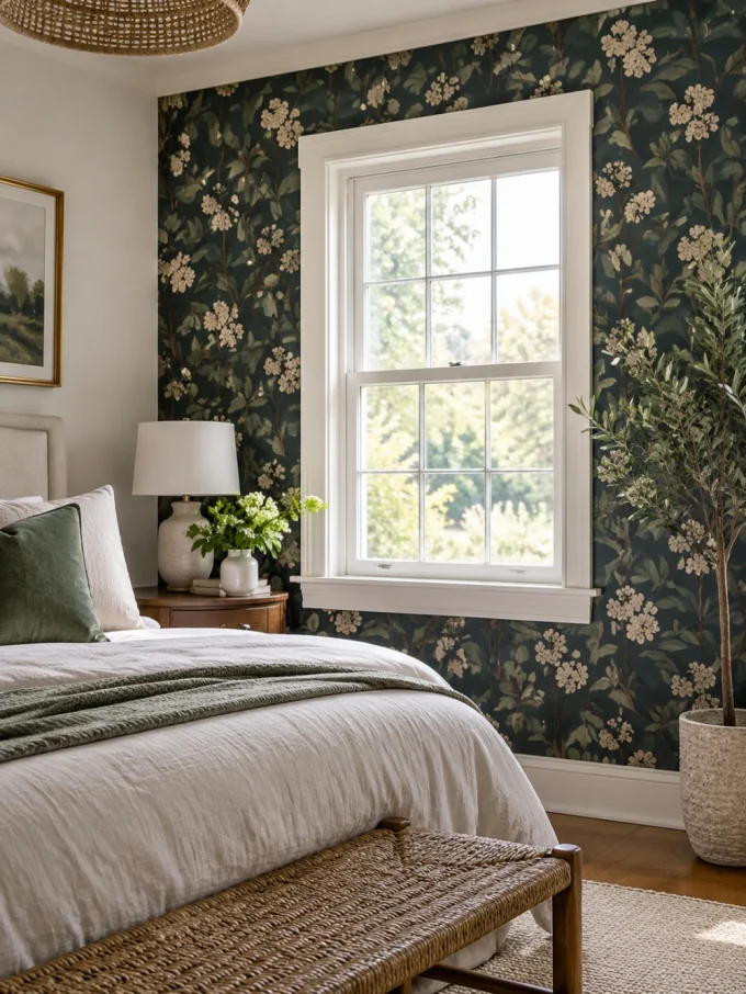 Accent wall with window with wallpaper accent wall with a window.