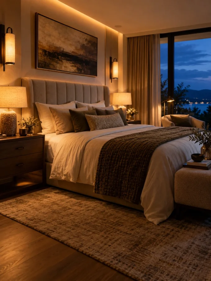 A bed with multiple pillows and blankets, surrounded by various lamps and a large window with a view of the city at dusk.