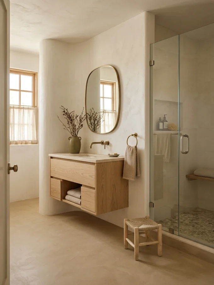 A Japandi-style bathroom with a light wood vanity, warm white walls, and a glass-enclosed shower.