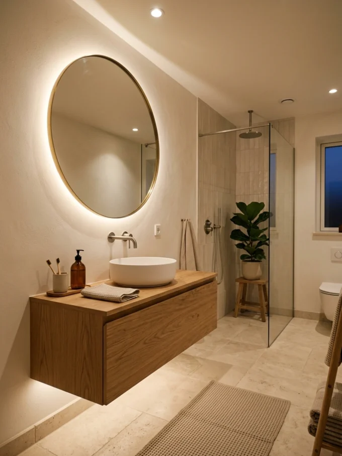 A round mirror with backlighting above a wooden vanity with a white sink and various bathroom essentials.
