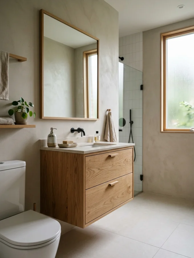 Bathroom with visible wood grain, oak finishes, and white finishes.