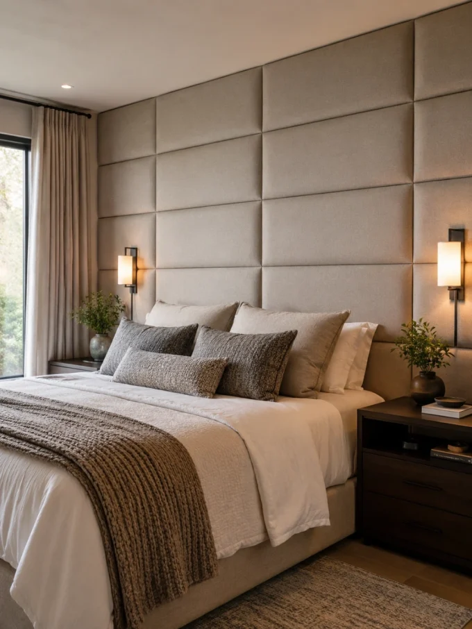 A beige upholstered wall with square panels behind a bed with white and gray pillows