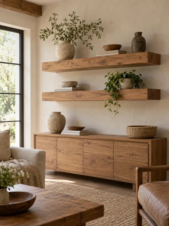 Diy floating shelf with thick shelf, larger furniture, and natural wood adds.