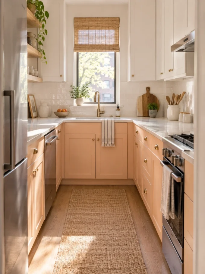 A small kitchen with peach lower cabinets, white upper cabinets, and light surfaces