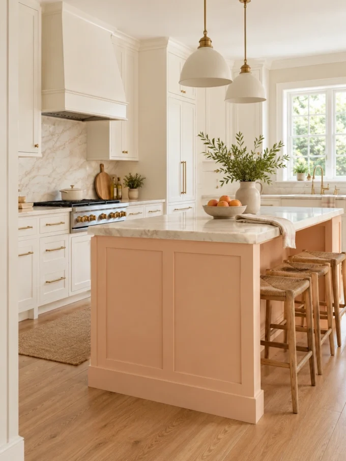 A kitchen island with peach-colored base and white marble countertop, accompanied by wooden stools and surrounded by white cabinets and warm lighting.