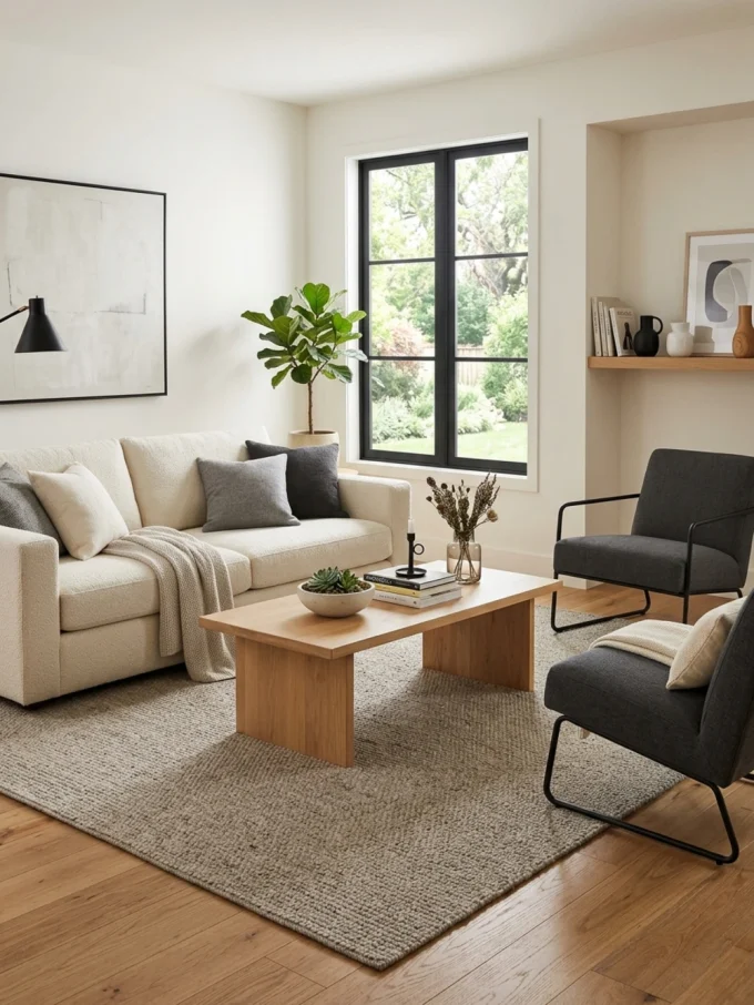 A greige rug under a light wood coffee table in a modern living room with a beige sectional sofa, black metal chair, and charcoal accents.