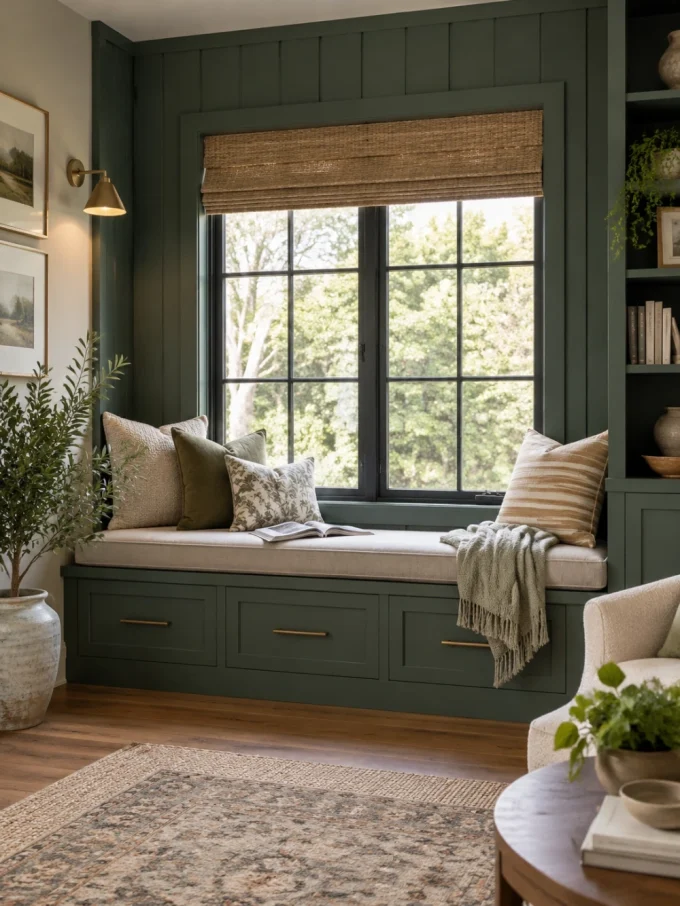 A window seat with pillows and a throw blanket in a green accent wall nook.
