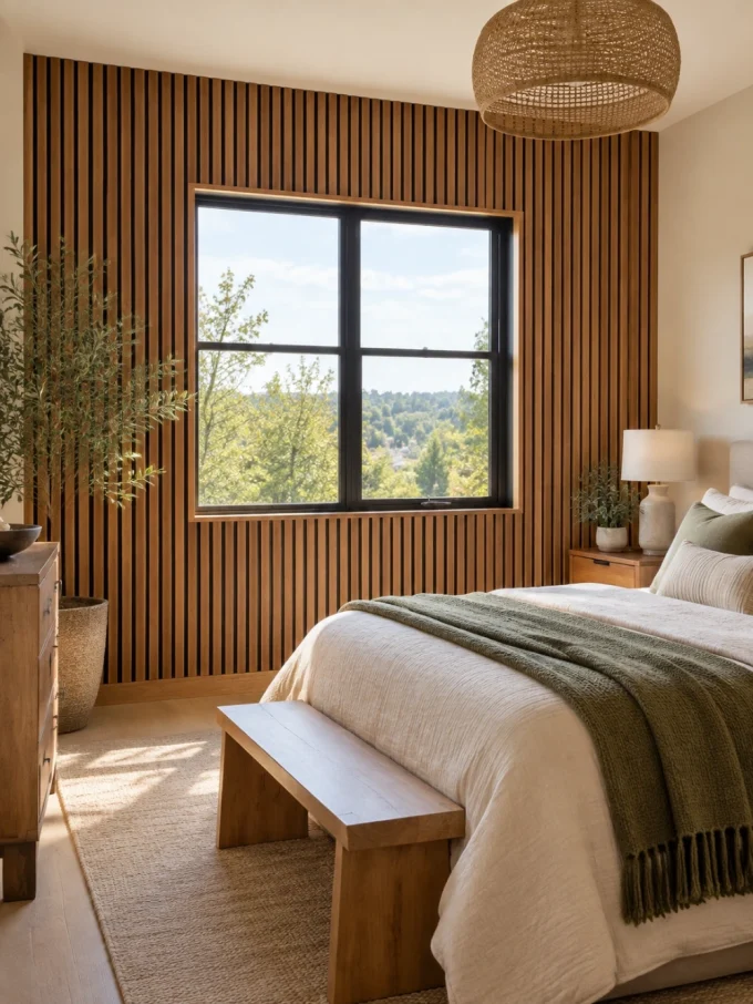 Accent wall with window with wood slat accent wall with a window.