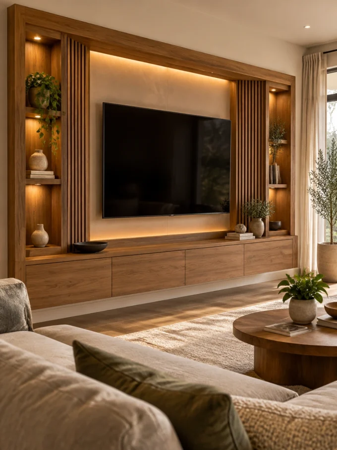 Unique 3d tv wall with a frame tv wall featuring wood tones.